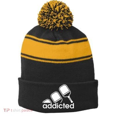 Addicted Pickleball Player Stripe Pom Pom Beanie