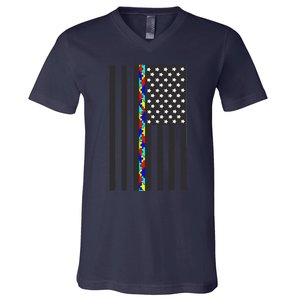 Autism Puzzle Piece Flag Autism Awareness Month V-Neck T-Shirt