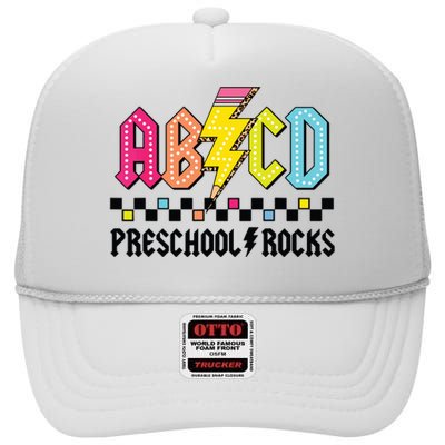 Abcd Preschool Rocks Pencil Lightning Teachers Rock Boy High Crown Mesh Back Trucker Hat