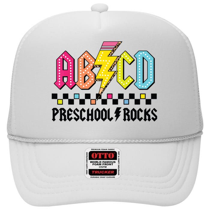 Abcd Preschool Rocks Pencil Lightning Teachers Rock Boy High Crown Mesh Back Trucker Hat