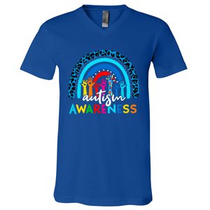 Autistic Puzzle Rainbow Ribbons Acceptance Autism Awareness Gift V-Neck T-Shirt