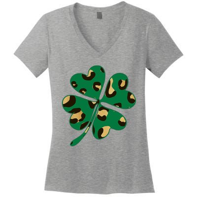 Animal Print St Patricks Day Clover Women's V-Neck T-Shirt
