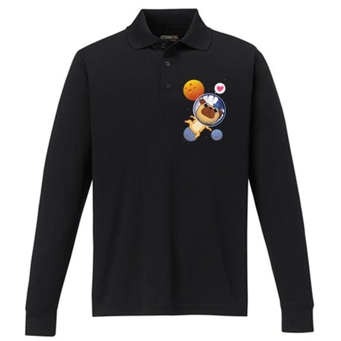 Astronaut Pug Space Galaxy Kawaii Dog Performance Long Sleeve Polo