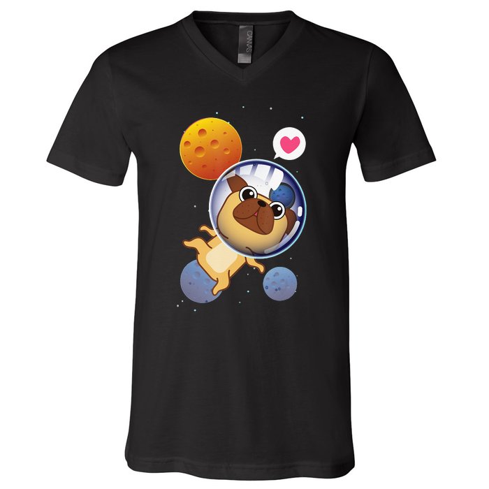 Astronaut Pug Space Galaxy Kawaii Dog V-Neck T-Shirt