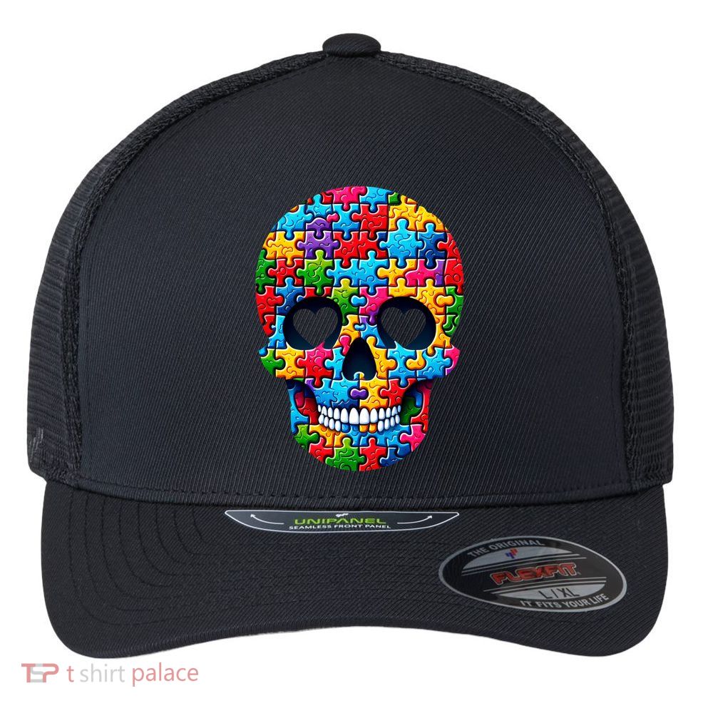 Autism Puzzle Skull Artistic Autism Awareness Support Gift Flexfit Unipanel Trucker Cap