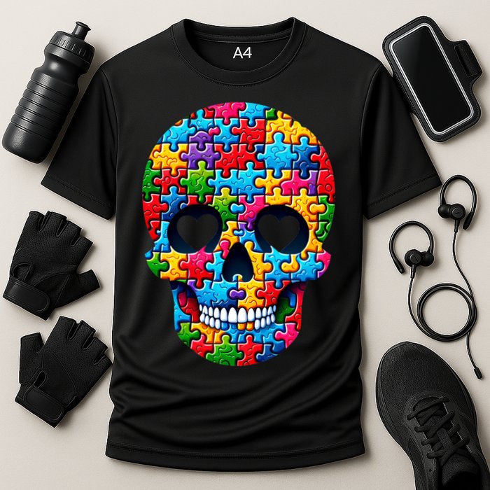 Autism Puzzle Skull Artistic Autism Awareness Support Gift Cooling Performance Crew T-Shirt