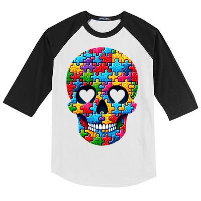 Autism Puzzle Skull Artistic Autism Awareness Support Gift Kids Colorblock Raglan Jersey