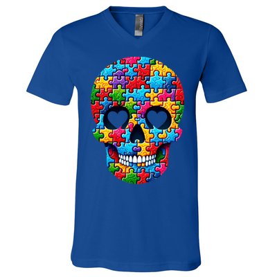 Autism Puzzle Skull Artistic Autism Awareness Support Gift V-Neck T-Shirt