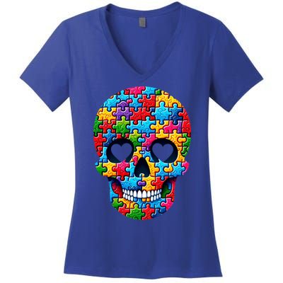 Autism Puzzle Skull Artistic Autism Awareness Support Gift Women's V-Neck T-Shirt