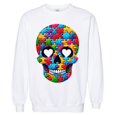 Autism Puzzle Skull Artistic Autism Awareness Support Gift Garment-Dyed Sweatshirt