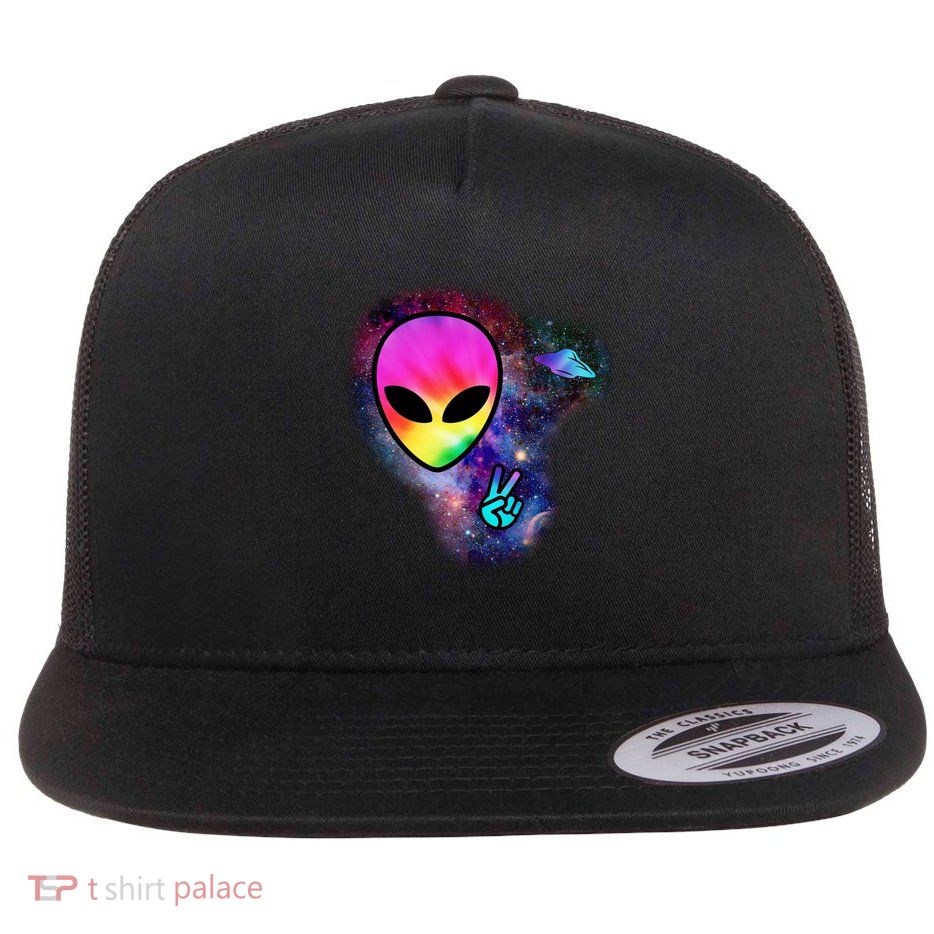 Alien Peace Space Ship Flat Bill Trucker Hat