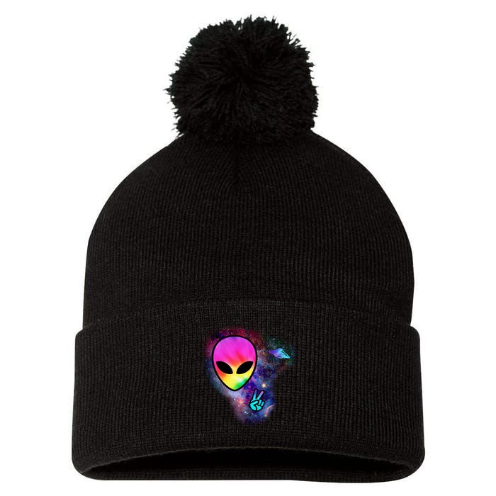 Alien Peace Space Ship Pom Pom 12in Knit Beanie