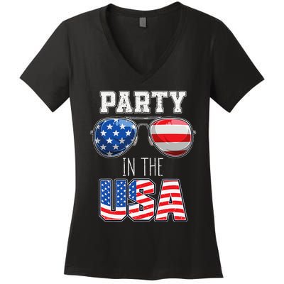 American Patriotic Sunglasses 4th of July USA Flag Women's V-Neck T-Shirt