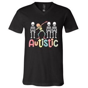 Autistic Pride Skeleton Neurodiversity Autism Proud Autism Awareness V-Neck T-Shirt