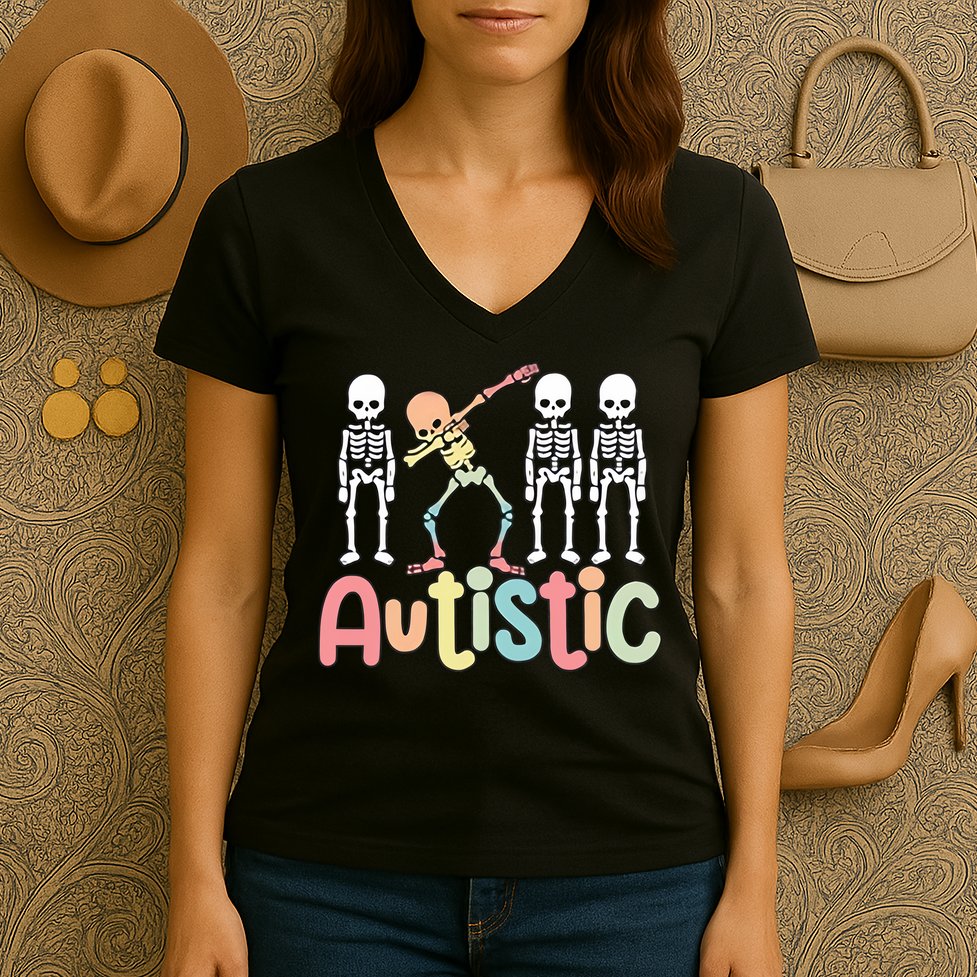 Autistic Pride Skeleton Neurodiversity Autism Proud Autism Awareness Women's V-Neck T-Shirt