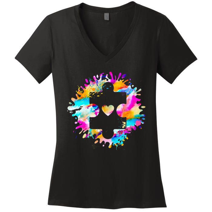 Autism Puzzle Support Autism Awareness Day Autistic ASD Women's V-Neck T-Shirt