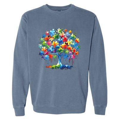 Autism Puzzles Tree Autism Awareness Autistic Support Cute Gift Garment-Dyed Sweatshirt