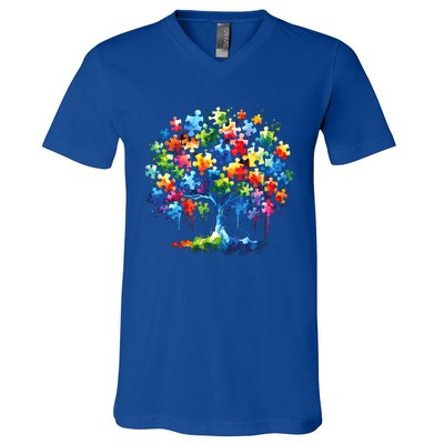 Autism Puzzles Tree Autism Awareness Autistic Support Cute Gift V-Neck T-Shirt