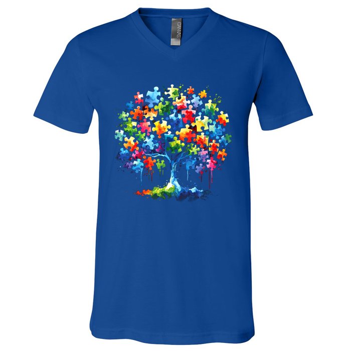 Autism Puzzles Tree Autism Awareness Autistic Support Cute Gift V-Neck T-Shirt