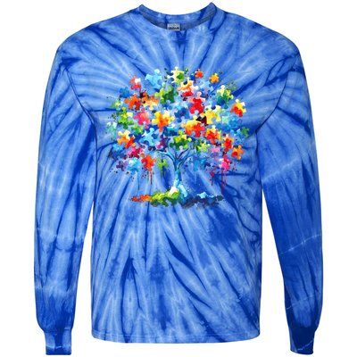 Autism Puzzles Tree Autism Awareness Autistic Support Cute Gift Tie-Dye Long Sleeve Shirt