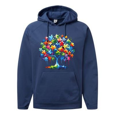 Autism Puzzles Tree Autism Awareness Autistic Support Cute Gift Performance Fleece Hoodie