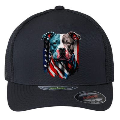 American Pitbull Terrier USA Flag Patriotic Dog Flexfit Unipanel Trucker Cap