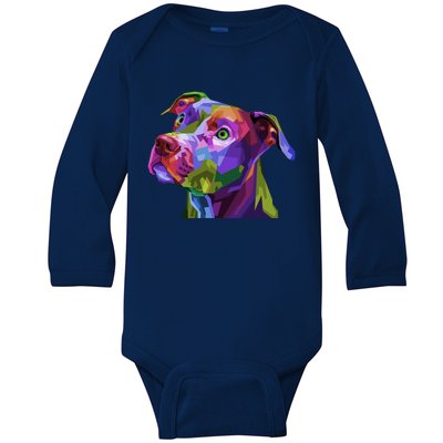 American Pitbull Terrier Pop Art Portrait For Dog Owners Gift Baby Long Sleeve Bodysuit