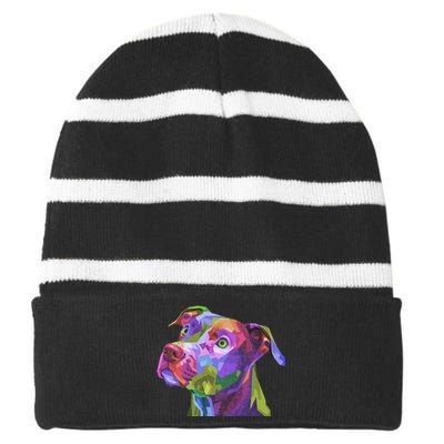 American Pitbull Terrier Pop Art Portrait For Dog Owners Striped Beanie with Solid Band