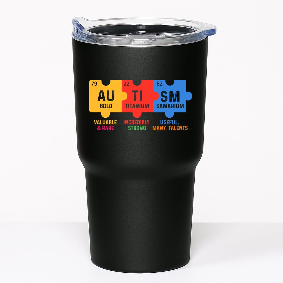 Autism Periodic Table Elements Gold Titanium Samarium Autism Awareness Tumbler
