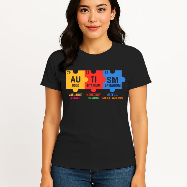 Autism Periodic Table Elements Gold Titanium Samarium Autism Awareness Womens T-Shirt