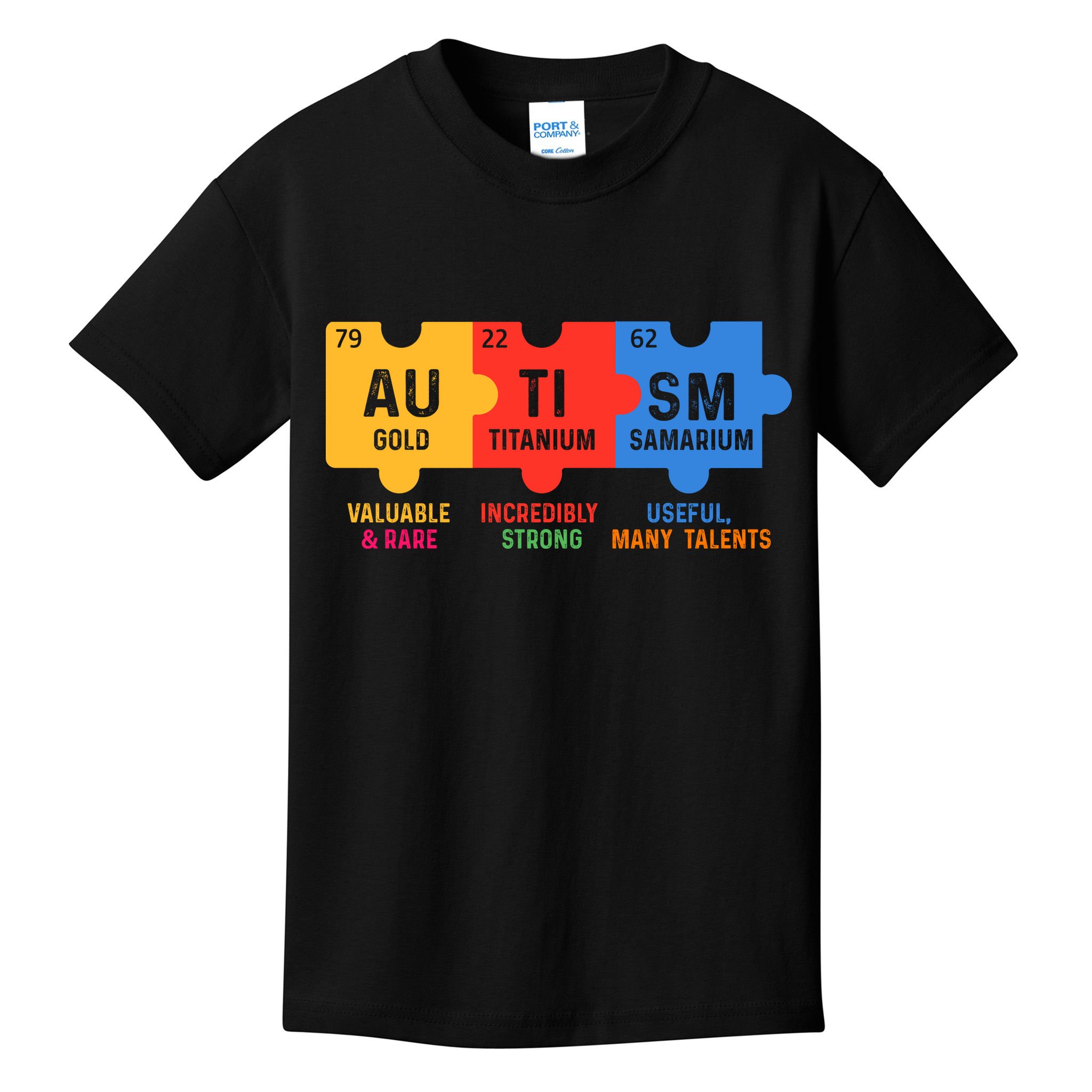 Autism Periodic Table Elements Gold Titanium Samarium Autism Awareness Kids T-Shirt
