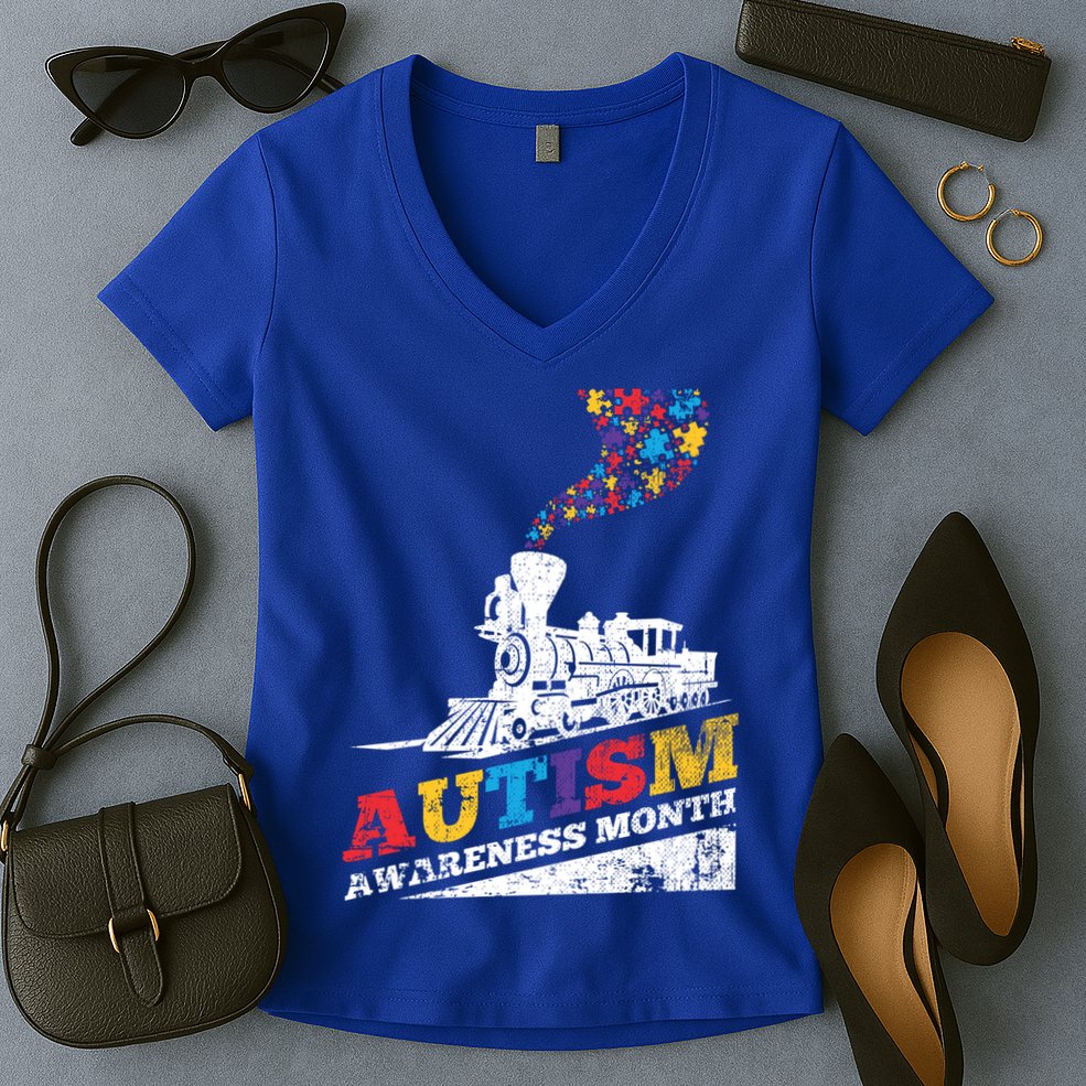 Autism Puzzle Train Toy Gift Support Autism Awareness Great Gift Women's V-Neck T-Shirt