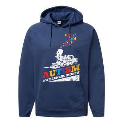 Autism Puzzle Train Toy Gift Support Autism Awareness Great Gift Performance Fleece Hoodie