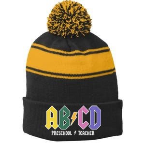 ABCD Preschool Teacher Rock And Roll Stripe Pom Pom Beanie