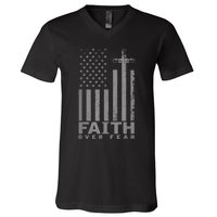 America Pride US Flag Faith Over Fear Prayer V-Neck T-Shirt