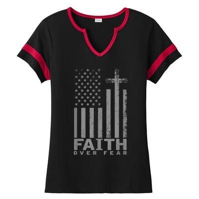 America Pride US Flag Faith Over Fear Prayer Ladies Halftime Notch Neck Tee