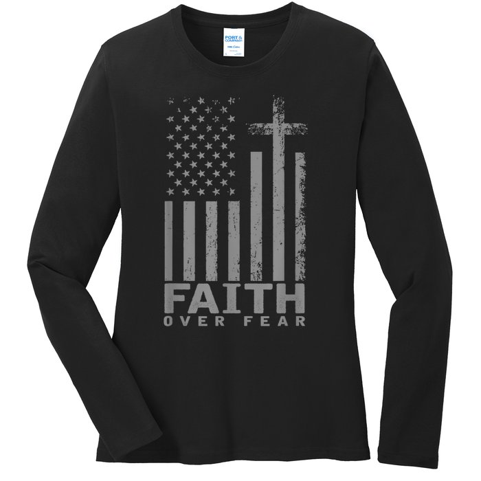 America Pride US Flag Faith Over Fear Prayer Ladies Long Sleeve Shirt