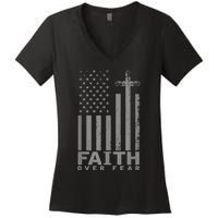 America Pride US Flag Faith Over Fear Prayer Women's V-Neck T-Shirt