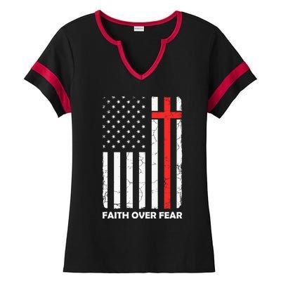 America Pride US Flag Faith Over Fear Prayer Jesus Christian Ladies Halftime Notch Neck Tee