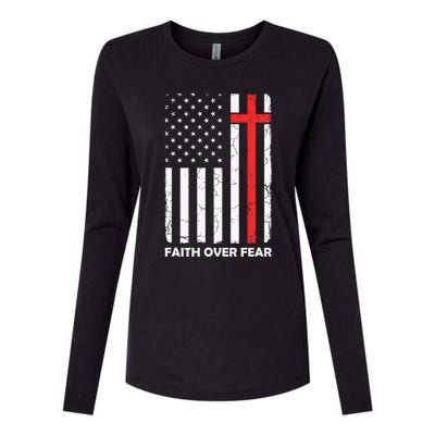 America Pride US Flag Faith Over Fear Prayer Jesus Christian Womens Cotton Relaxed Long Sleeve T-Shirt