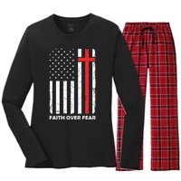 America Pride US Flag Faith Over Fear Prayer Jesus Christian Women's Long Sleeve Flannel Pajama Set 