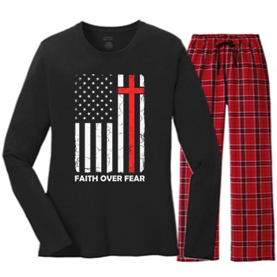 America Pride US Flag Faith Over Fear Prayer Jesus Christian Women's Long Sleeve Flannel Pajama Set 