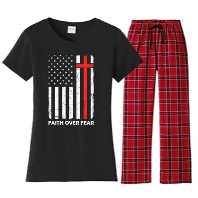 America Pride US Flag Faith Over Fear Prayer Jesus Christian Women's Flannel Pajama Set