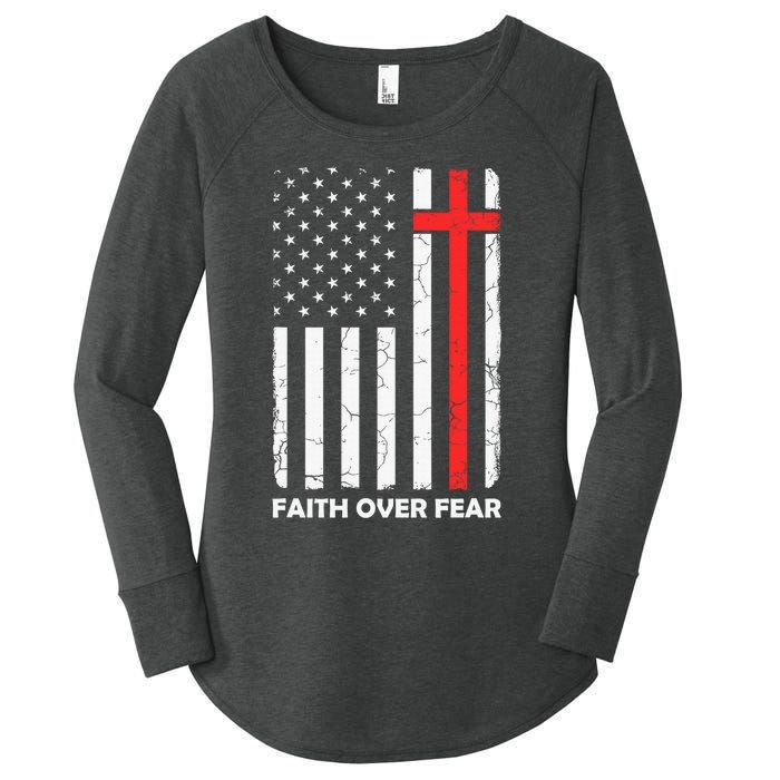 America Pride US Flag Faith Over Fear Prayer Jesus Christian Women's Perfect Tri Tunic Long Sleeve Shirt