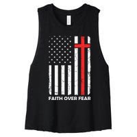 America Pride US Flag Faith Over Fear Prayer Jesus Christian Women's Racerback Cropped Tank