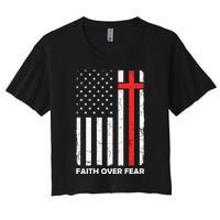 America Pride US Flag Faith Over Fear Prayer Jesus Christian Women's Crop Top Tee