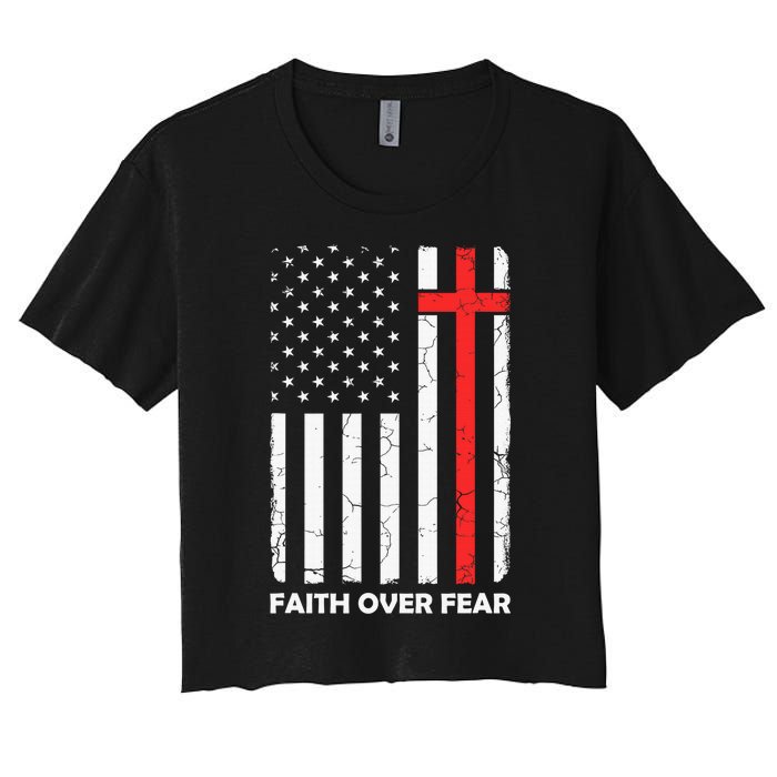 America Pride US Flag Faith Over Fear Prayer Jesus Christian Women's Crop Top Tee