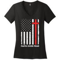 America Pride US Flag Faith Over Fear Prayer Jesus Christian Women's V-Neck T-Shirt