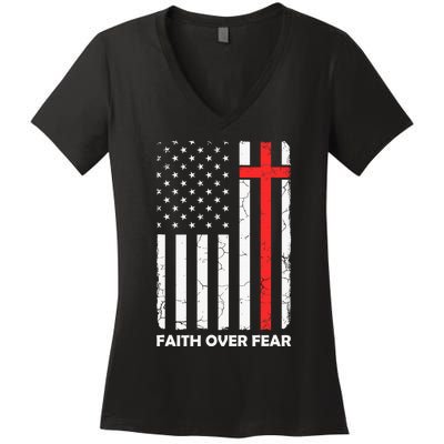 America Pride US Flag Faith Over Fear Prayer Jesus Christian Women's V-Neck T-Shirt