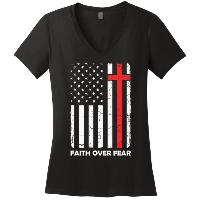 America Pride US Flag Faith Over Fear Prayer Jesus Christian Women's V-Neck T-Shirt